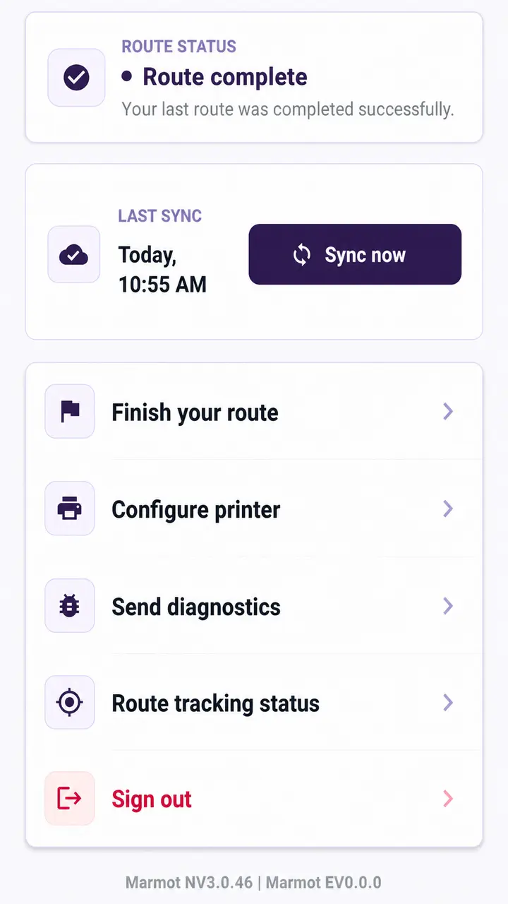 Marmot Mobile showing a completed driver route and the latest synchronization status.