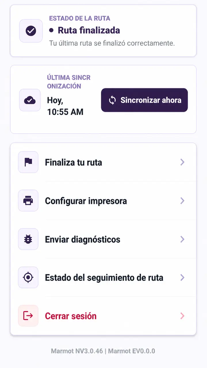 Marmot Mobile mostrando una ruta finalizada y el estado de la última sincronización.